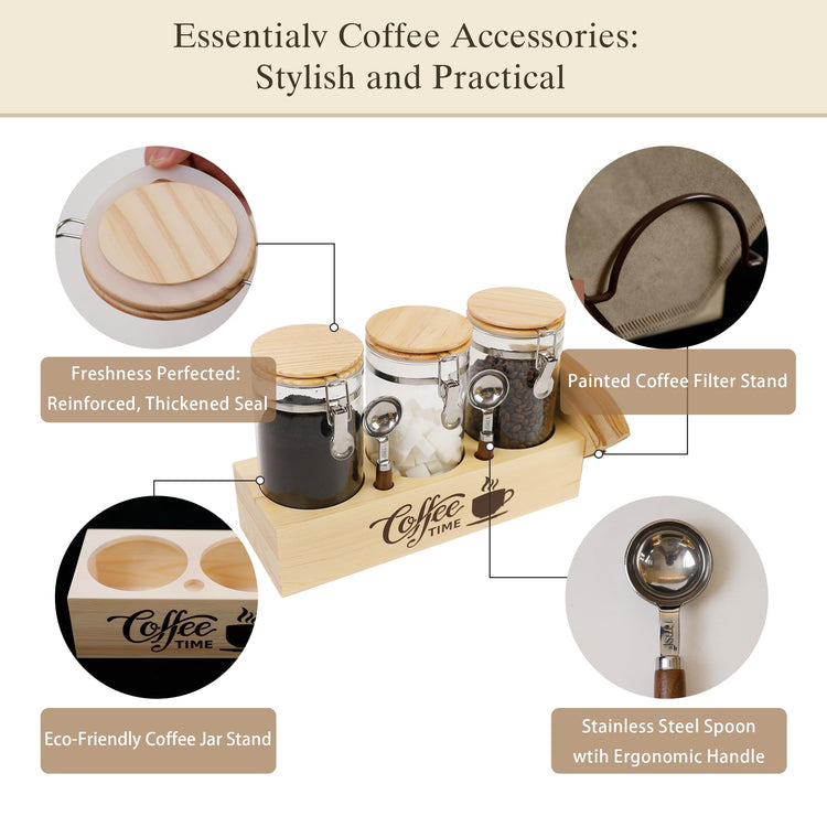 Glass Coffee Canister Set with Shelf & Spoons