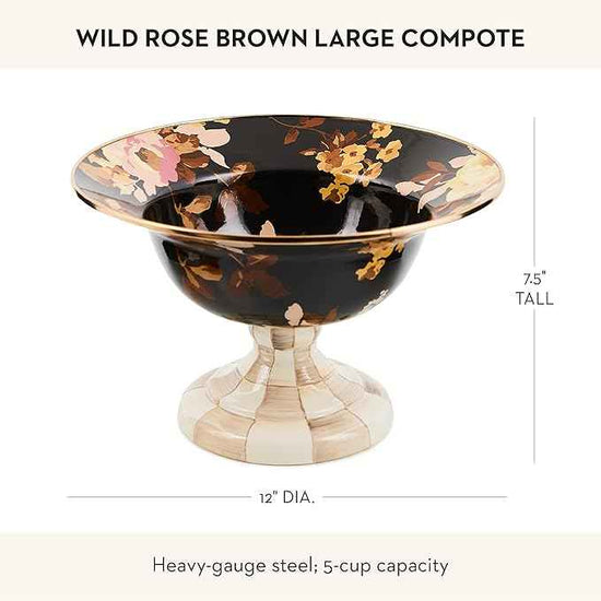 MACKENZIE-CHILDS Enamel Compote, Pedestal Serving Dish or Decorative Bowl, Large, Wild Rose Brown