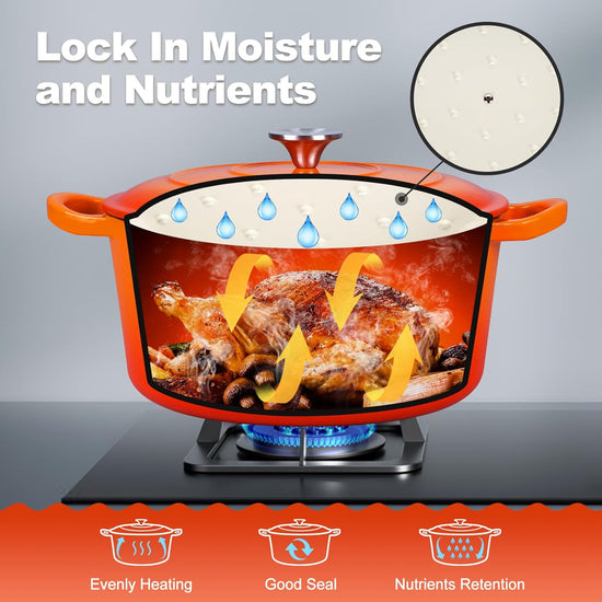 P&P CHEF 6QT Enameled Dutch Oven, Cast Iron Dutch Oven Pot with Lid for Bread Baking, Enameled Casserole Pot for Roasting Braising Stewing Frying Simmering, Various Stoves & Easy Clean, Orange - Nestoria