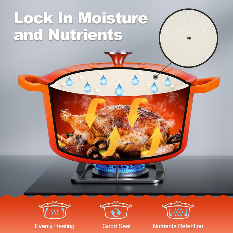 P&P CHEF 6QT Enameled Dutch Oven, Cast Iron Dutch Oven Pot with Lid for Bread Baking, Enameled Casserole Pot for Roasting Braising Stewing Frying Simmering, Various Stoves & Easy Clean, Orange - Nestoria
