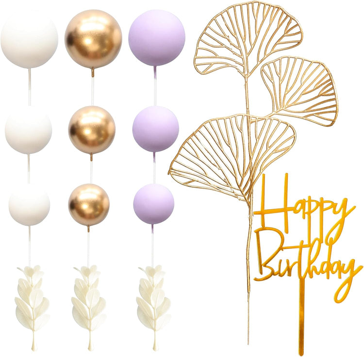 Gyufise 57Pcs Balls Cake Topper Boho Grass Cake topper Pearl Balls Acrylic Happy Birthday Cake Decorations for Wedding Baby Shower Birthday Boho Themed Party Supplies Purple