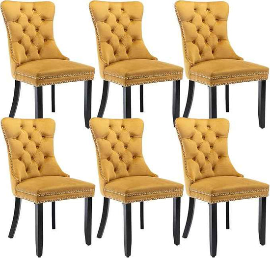 Velvet Dining Chairs Set of 6, Upholstered Dining Room Chairs with Back Ring Pull Trim and Solid Wood Legs,Tufted Wingback Kitchen Chair Perfect for Dining Room,Living Room,Kitchen(Gold)