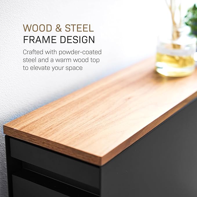 Yamazaki Home Pull-Out Bathroom Storage Cabinet – Slim Bathroom Storage Cabinet with Wood Top, Steel Organizer for Toilet Paper and Cleaning Supplies, Modern Space-Saving Design, Black - Steel + Wood