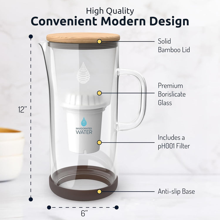 Invigorated Water pH Restore Glass Alkaline Water Pitcher - Long Lasting Water Filter Pitcher with Multi-Stage Filtration System - Glass Water Jug for High pH, Pure Drinking Water - 3.5 L / 118 Oz