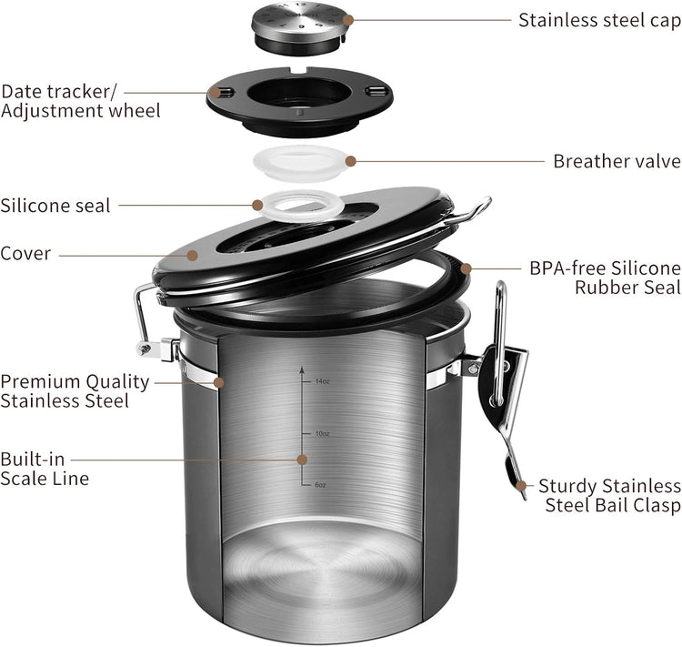 Veken Coffee Canister, Airtight Stainless Steel Kitchen Food Storage Container with Date Tracker and Scoop for Beans, Grounds, Tea, Flour, Cereal, Sugar, Cookies Jars, 16OZ Gray
