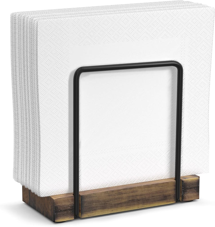 Napkin Holder for Table, Wood Iron Standing Napkin Dispenser for Dining Table Farmhouse Cocktail Picnic Rustic Wooden Holders All Kitchen Dining Room Decor Black & Farmhouse Brown