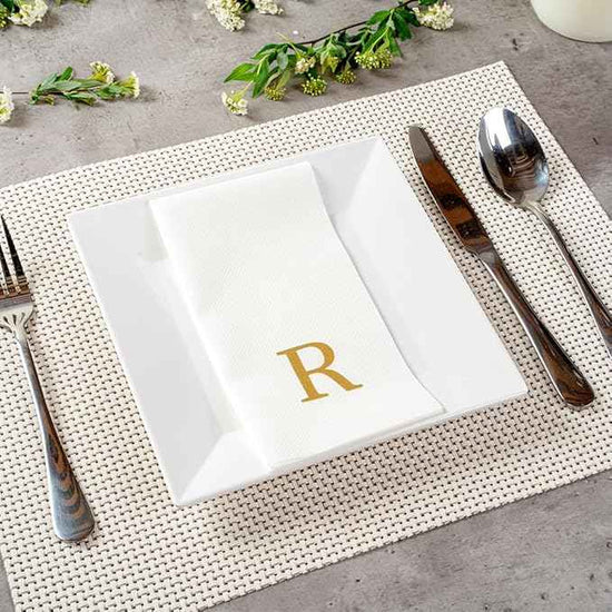Luxenap 15.8 X 7.9 Inch Linen-Feel Guest Towels, 2000 Lettered Hand Towels - Gold Letter 'R', Sans Serif Font, White Paper Dinner Napkins, airlaid, For Restrooms And Tables