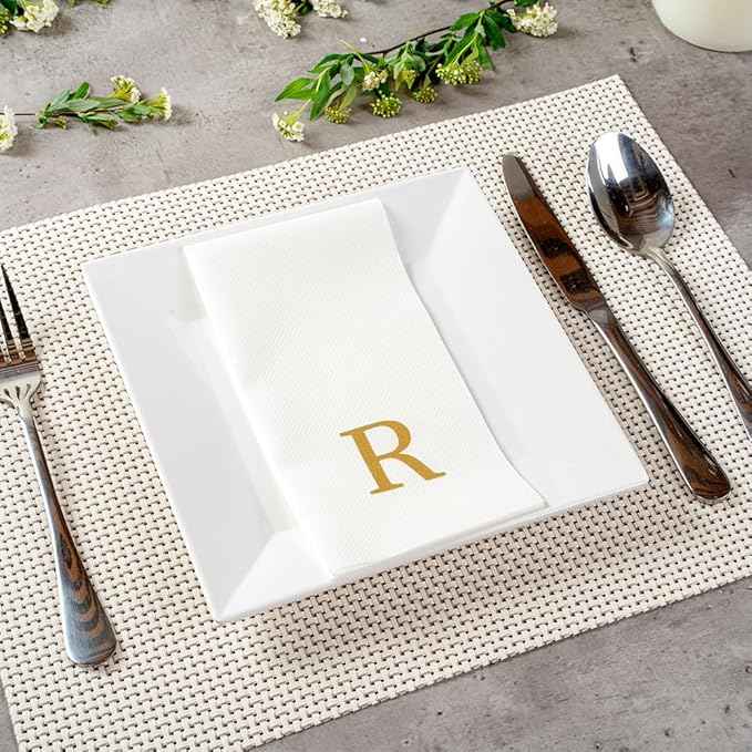 Luxenap 15.8 X 7.9 Inch Linen-Feel Guest Towels, 50 Lettered Hand Towels - Gold Letter 'R', Sans Serif Font, White Paper Dinner Napkins, airlaid, For Restrooms And Tables