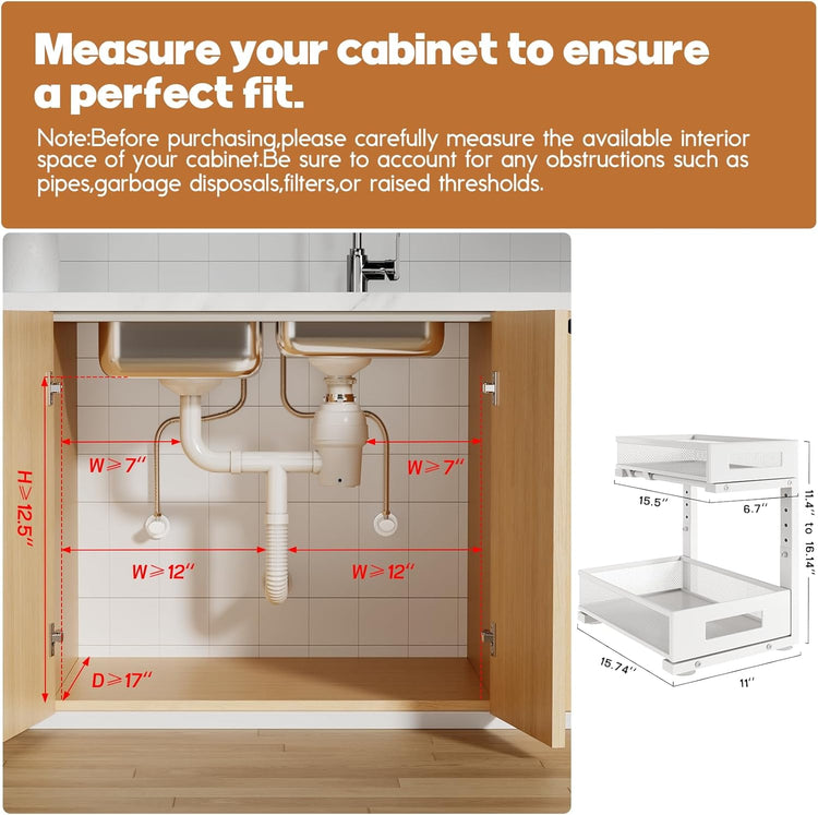 2-Pack Under Sink Storage Organizer, Large 2-Tier Elegant Mesh Pull Out Shelf for Kitchen and Bathroom Cabinet Organization, L-Shaped and Adjustable Height Design for Maximum Space Efficiency-White