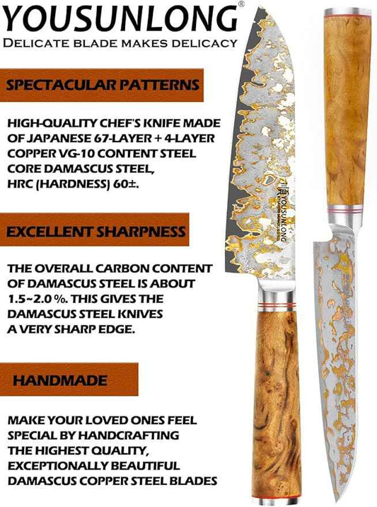 YOUSUNLONG Bunka Chef's Knives - Japanese Handmade CuMai Copper Damascus Steel Blade of 7 Inch - Professional Kitchen Knife Razor Sharp - Naturel Burl Wooden Handle with Leather and Wood Box