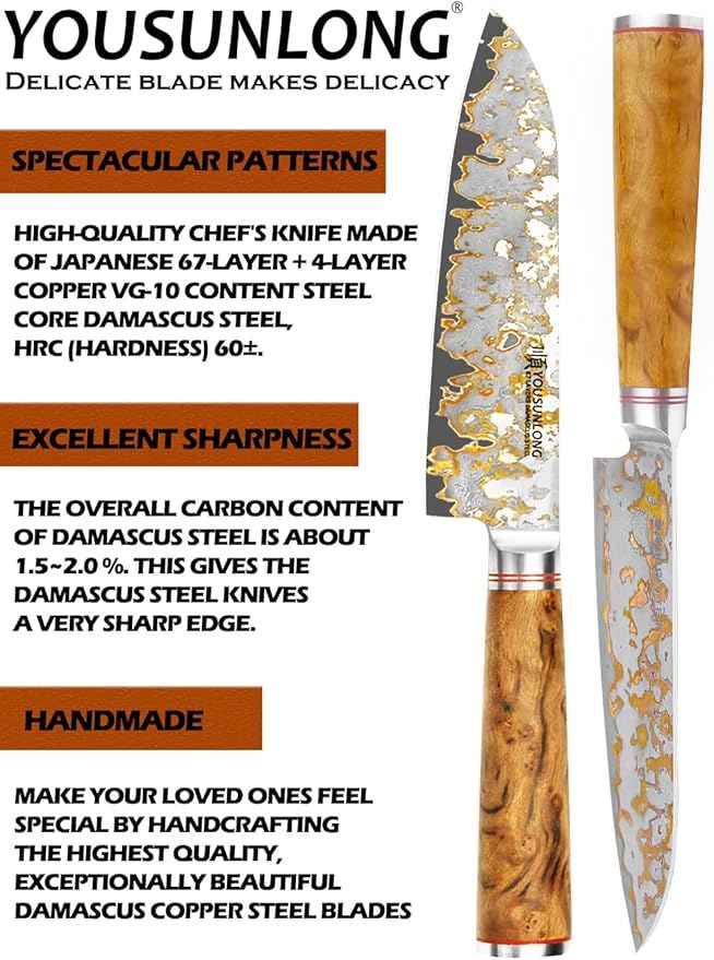 YOUSUNLONG Bunka Chef's Knives - Japanese Handmade CuMai Copper Damascus Steel Blade of 7 Inch - Professional Kitchen Knife Razor Sharp - Naturel Burl Wooden Handle with Leather and Wood Box