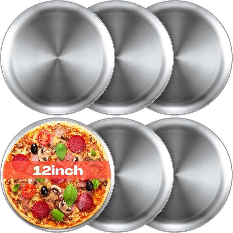 Thenshop 6 Pieces 12 Inch Pizza Pans Bulk Stainless Steel Sets Round Bakeware Pizza Trays for Oven Kitchen Baking Home Restaurant Safe Sturdy Reusable Easy Clean