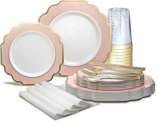 " OCCASIONS " 200 Piece set (25 Guests)-Wedding Plastic Plates & cutlery -Disposable heavyweight Dinnerware 10.5'', 8'' + Silverware + Cups + Napkins (Imperial in Blush Pink & Gold)