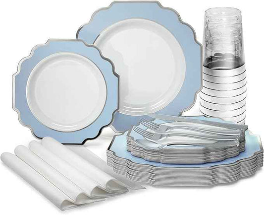 OCCASIONS 960-Piece Disposable Dinnerware Set for 120 – Heavy Duty Plates, Silverware, Cups, Napkins – Party Supplies-Imperial Blue & Silver