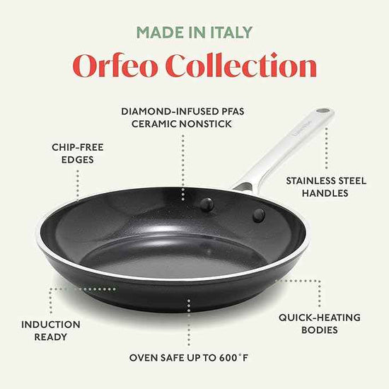 Orfeo 8” Nonstick Frying Pan Skillet, Made in Italy, Diamond Ceramic PFAS-Free Cookware, Induction Ready, Scratch Resistant, Laser-Fused Surface for Durability, Dishwasher Safe, Black