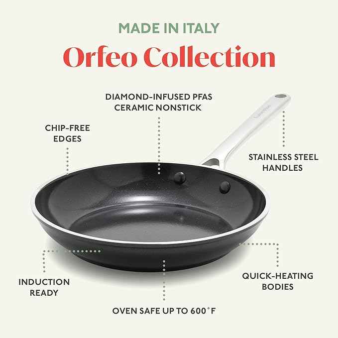 Orfeo 9.5” Nonstick Frying Pan, Made in Italy, Diamond Ceramic PFAS-Free Cookware, Induction Ready, Scratch Resistant, Laser-Fused Surface for Durability, Dishwasher Safe, Black