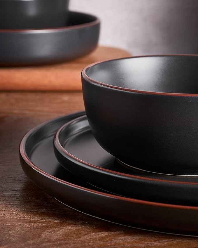 Famiware Mercury Plates and Bowls Sets, 18 Pieces Stoneware Dinnerware Sets, Dishes Set for 6, Microwave and Dishwasher Safe, Matte Black
