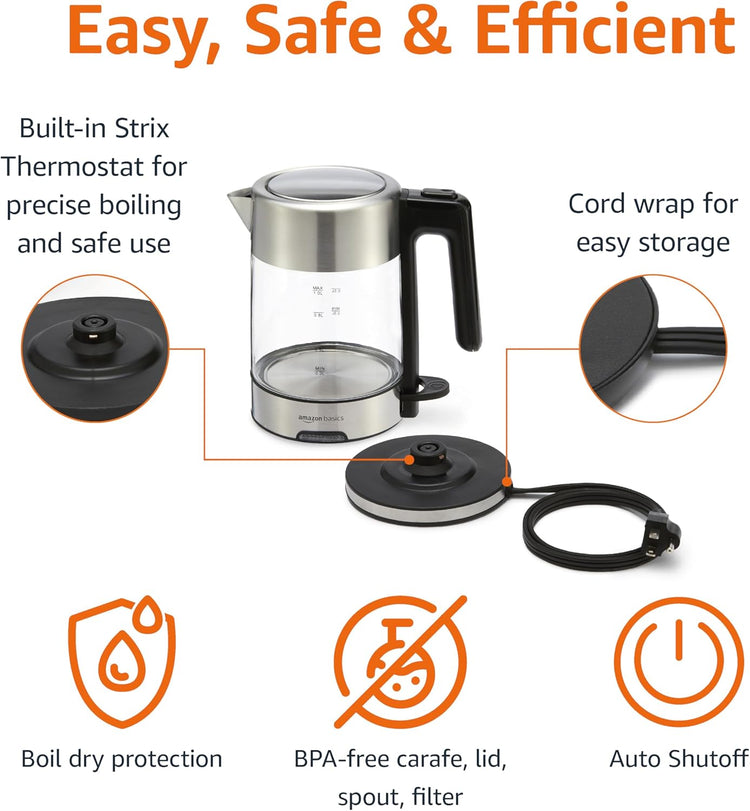 Amazon Basics Electric Kettle with Glass Carafe for Tea and Coffee, BPA-Free, Fast Boiling, Auto Shut-Off, 1.8 Quarts, 1500W, Black and Silver