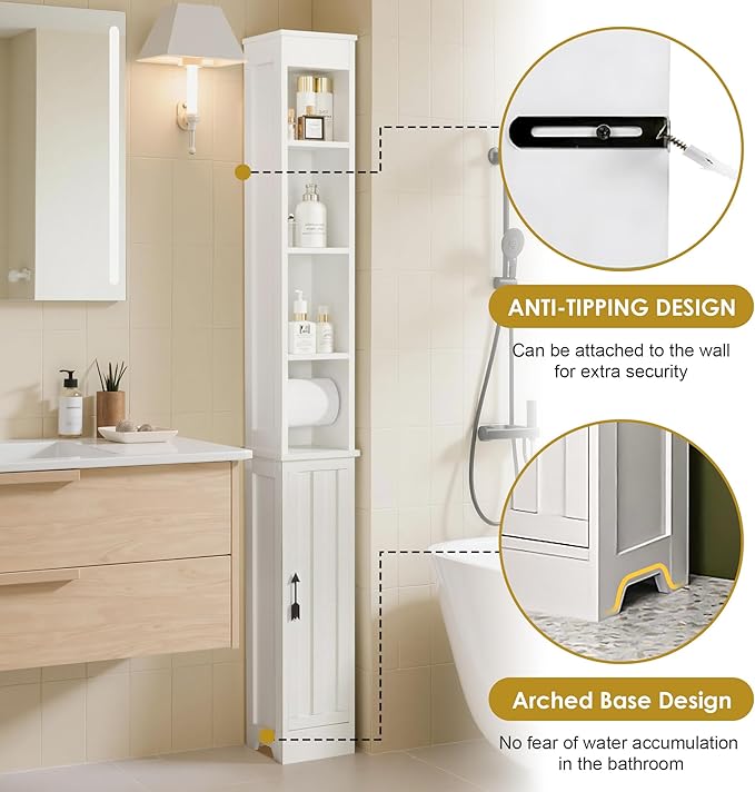 VECELO Storage Cabinet, 71" Tall Narrow Bathroom Cabinet with Adjustable Shelves, Toilet Paper Holder, Magnetic Door, for Small Spaces, Pearl White