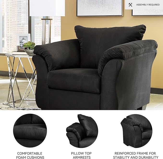 Signature Design by Ashley Darcy Casual Plush Chair, Pillow Top Armrests, Contemporary Style, Loose Seat Cushions, Soft Fabric Upholstery, Flared Arms, Black