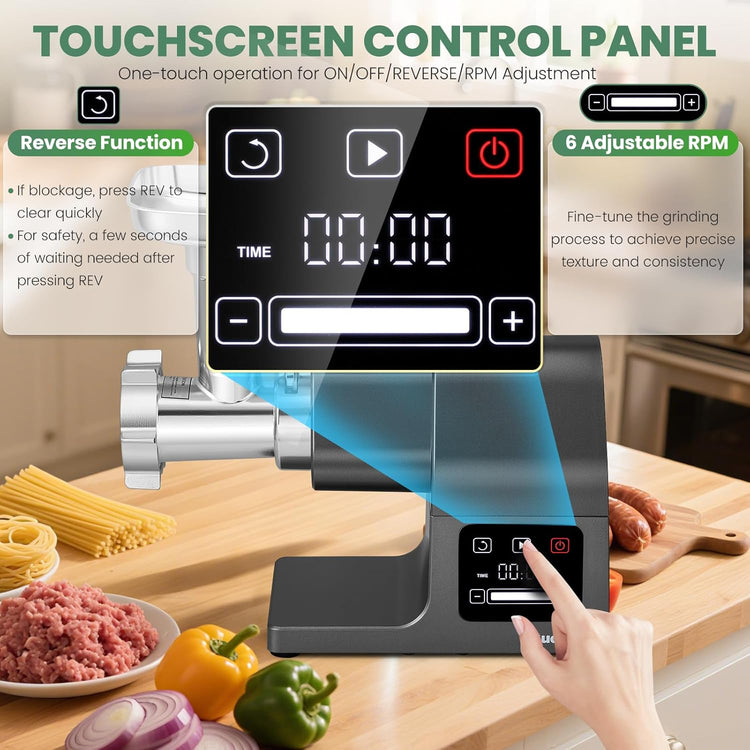 Huanyu Electric Meat Grinder 2000W Max Power Heavy Duty with Touchscreen, 2 Blades, 3 Plates, Sausage Tubes and Kubbe Kit #10 Outlet for Home Use