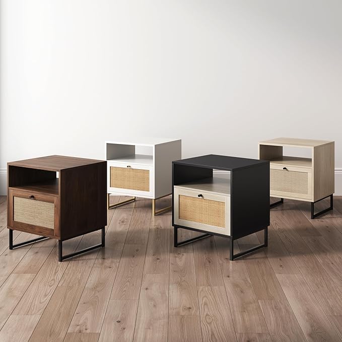 Nathan James Mina Boho Nightstand, Small Nightstand, Rattan End Table with Storage, Walnut Side Table with Rattan Accent