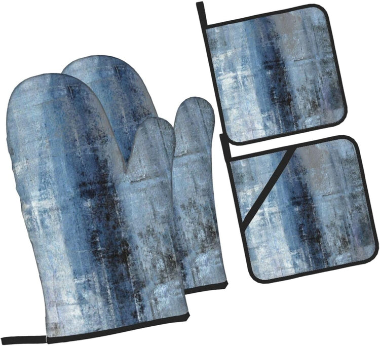 Blue and Grey Abstract Art Oven Mitts and Pot Holders Sets of 4 High Heat Resistant Oven Mitts with Oven Gloves and Hot Pads Polyester Potholders for Kitchen Baking Grilling BBQ Cooking Mitts