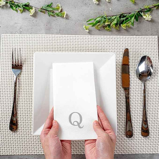 Luxenap 15.8 X 7.9 Inch Linen-Feel Guest Towels, 50 Lettered Hand Towels - Silver Letter 'Q', Sans Serif Font, White Paper Dinner Napkins, airlaid, For Restrooms And Tables - Restaurantware