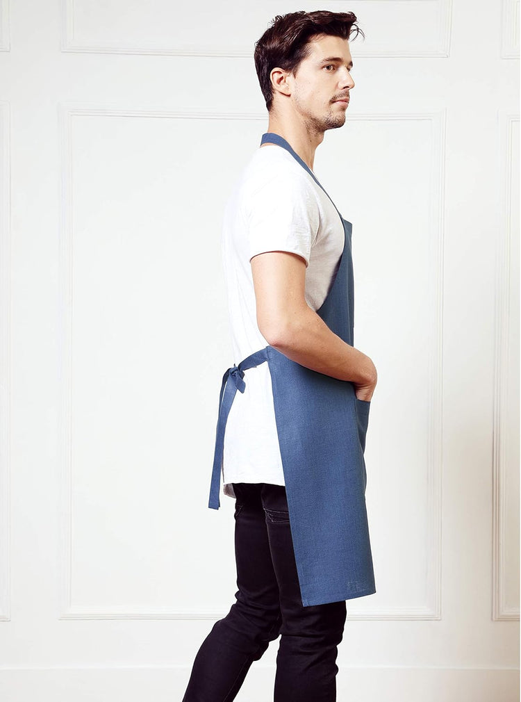 Solino Home Linen Bib Apron for Men & Women - 100% Pure Linen Blue Kitchen Apron with Front Pockets - Handcrafted from European Flax