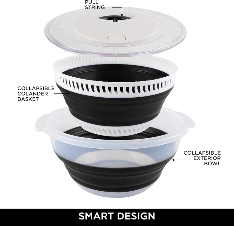 COOK WITH COLOR Collapsible Salad Spinner - 4 QT Space Saving Lettuce Dryer with Folding Collapsible Colander Great for Washing and Drying Fruit and Vegetables (Black)