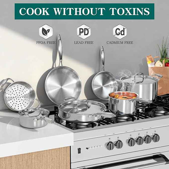 EWFEN Pots and Pans Set, 3 Ply 11 Piece Stainless Steel Cookware Set, Oven Dishwasher Safe | Induction Compatible Frying Pans, Saucepans, Saute Pan & Stock Pot, PFOA Free Kitchen Skillet