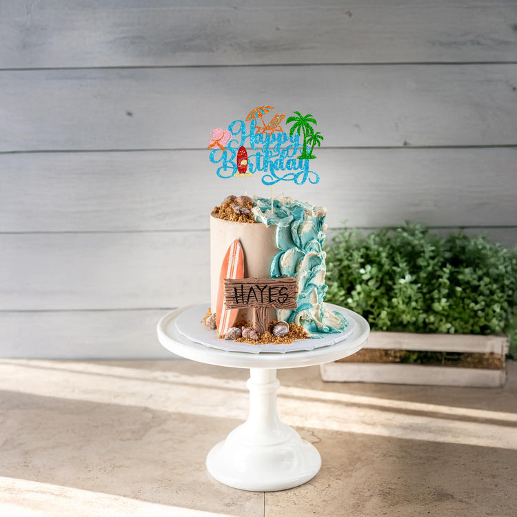 1Pcs Summer Beach Happy Birthday Cake Topper Glitter Ball Tree Umbrella Pool Cake Pick for Hawaiian Holiday Baby Shower Birthday Party Cake Decorations Supplies Blue