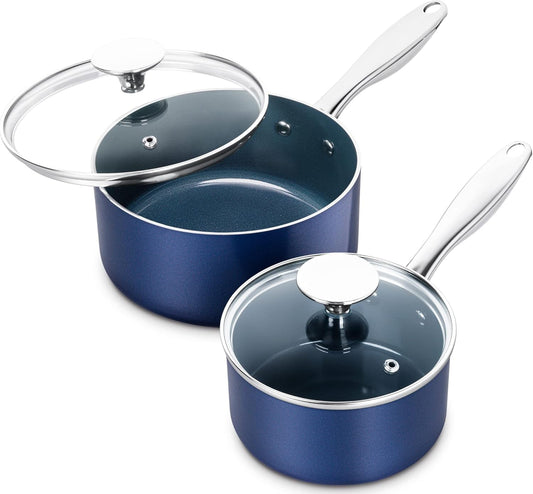 MICHELANGELO Saucepan Set, 1Qt & 2Qt Ceramic Sauce Pan with Lid, Nonstick Saucepans with Lids, Small Pot with Stainless Steel Handle, Oven Safe, Blue - Nestoria