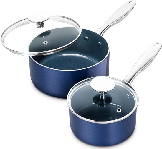 MICHELANGELO Saucepan Set, 1Qt & 2Qt Ceramic Sauce Pan with Lid, Nonstick Saucepans with Lids, Small Pot with Stainless Steel Handle, Oven Safe, Blue - Nestoria