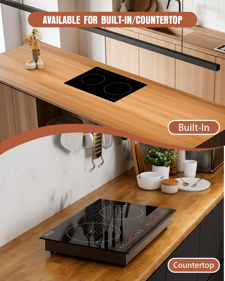 Electric Stove Induction Cooktop Horizontal with 2 Burners in Black Vitro Ceramic Smooth Surface Glass 120V