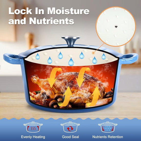 P&P CHEF 6QT Enameled Dutch Oven, Cast Iron Dutch Oven Pot with Lid for Bread Baking, Enameled Casserole Pot for Roasting Braising Stewing Frying Simmering, Various Stoves & Easy Clean, Blue - Nestoria