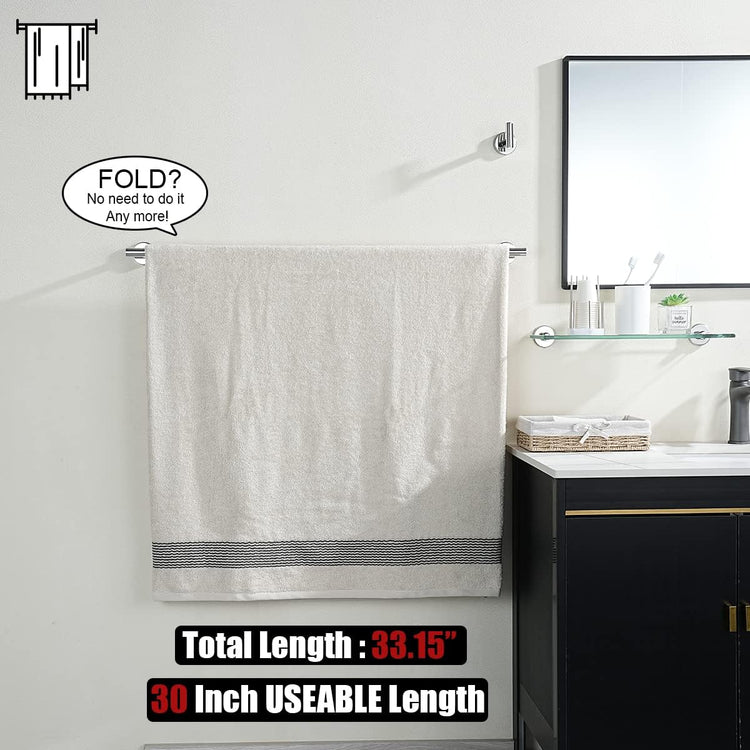 JQK Chrome Bath Towel Bar, 33 Inch 304 Stainless Steel Thicken 0.8mm Towel Rack Bathroom, Towel Holder Polished Finished Wall Mount, Useable Length 30 Inch 2 Pack, TB110L30-CH-P2