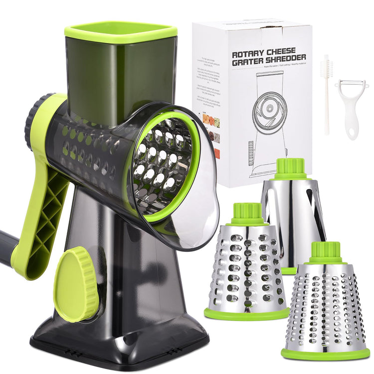 Rotary Cheese Grater with Handle Kitchen Shredder Slicer Grater Slicer Ice Shaver Cheese Vegetable Nuts Potato Zucchini Chocolate 3 Interchangeable Blades