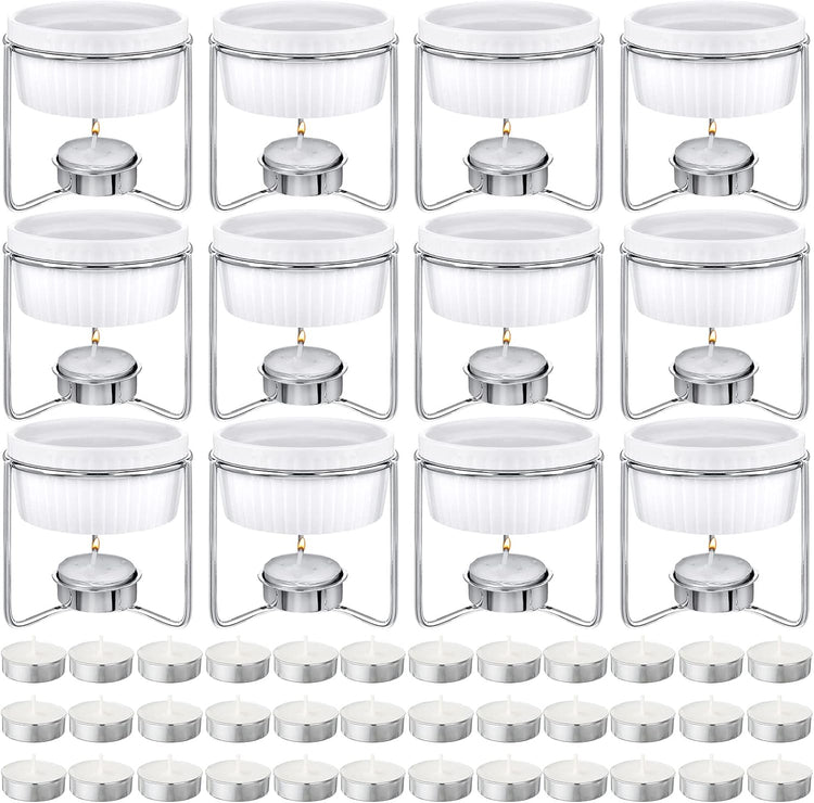60 Pcs Ceramic Butter Warmers Set, Include 12 Butter Warmers for Seafood Melter with Stands, 48 Tea Light Candles Food Warmer Candle for Fondue Chocolate Dishwasher Microwave Oven Safe