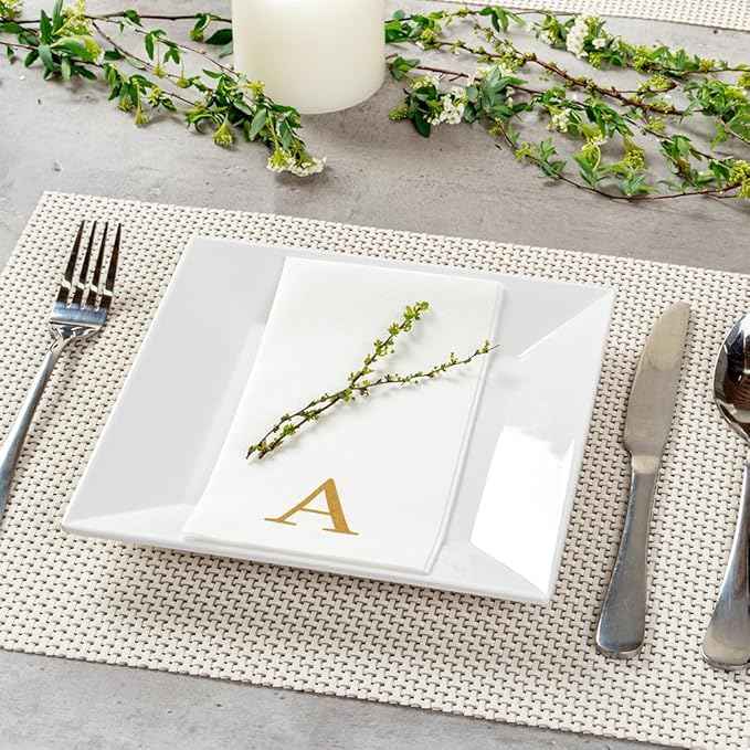 Luxenap 15.8 X 7.9 Inch Linen-Feel Guest Towels, 50 Lettered Hand Towels - Gold Letter 'A', Sans Serif Font, White Paper Dinner Napkins, airlaid, For Restrooms And Tables - Restaurantware
