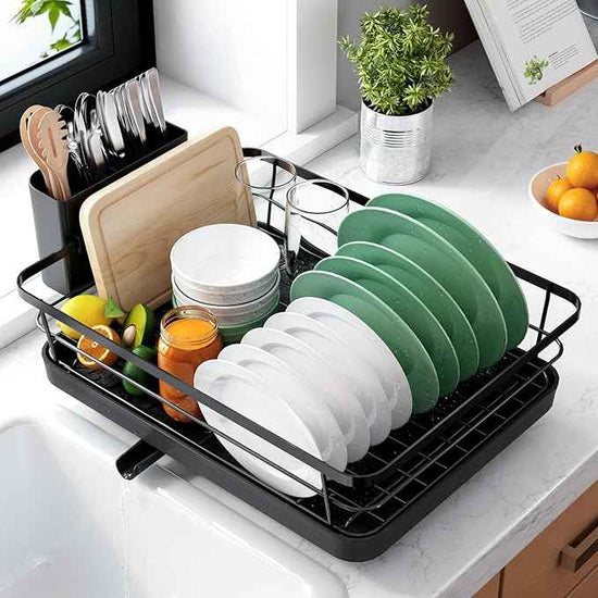 Kitsure Dish Drying Rack for Kitchen Counter, Stainless Steel Sink Organization and Storage Essentials with Cutlery Holder, Home and Appartment Decor, 12''W x 15.5''L, Black