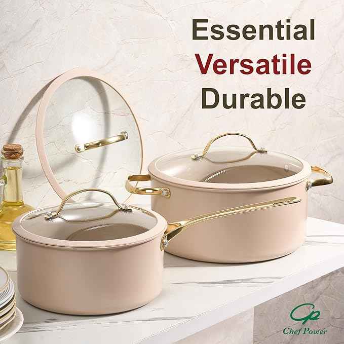 Chef Power Ceramic Cookware Sets, 15Pcs Pots and Pans Set Non Stick, Cookware Set with Stainless Steel Handle, Dishwasher & Oven Safe, Taupe and Light Gold Handle