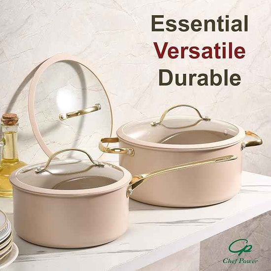 Chef Power Ceramic Cookware Sets, 10Pcs Pots and Pans Set Non Stick, Cookware Set with Stainless Steel Handle, Dishwasher & Oven Safe, Taupe and Light Gold Handle