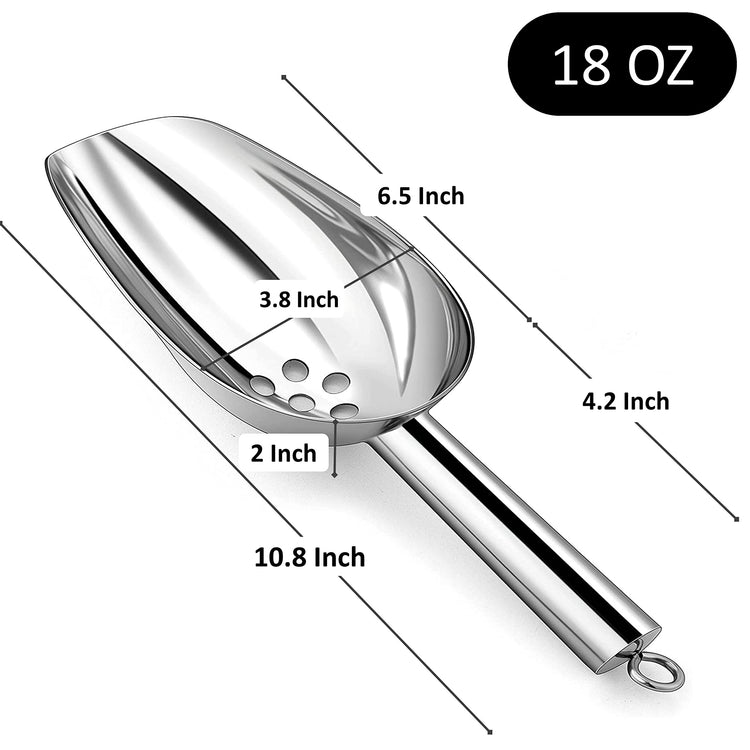 Large Ice Scoop with Holes. Stainless Steel Ice Scoop with Drain Holes to Reduce Unwanted Dilution. Heavy Duty and Dishwasher Safe. Six Ounce Capacity