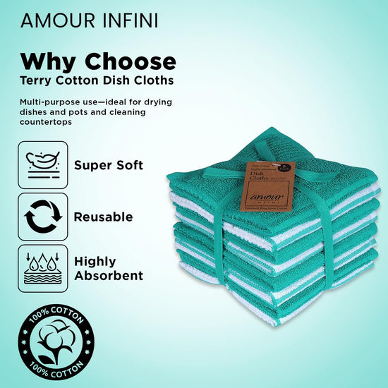 AMOUR INFINI Dish Cloths for Washing Dishes Set of 8 - Highly Absorbent, Super Soft Kitchen Dishcloths - Reusable Quick Dry Dish Rags for Cleaning & Drying Kitchen Linens (12x12 Inch - Teal) - Nestoria