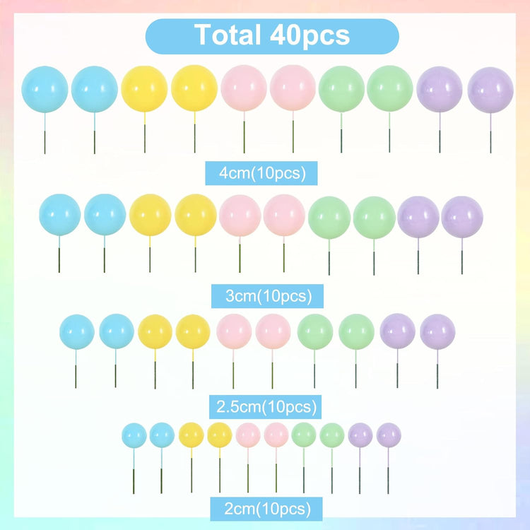 BEISHIDA 40 Pcs Foam Ball Cake Toppers with Sticks Mini Cake Decorations for Birthdays, Weddings, Baby Showers, DIY Baking Supplies, Anniversary Party (Pastel Color)