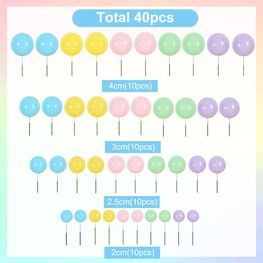 40 Pcs Foam Ball Cake Toppers with Sticks Mini Cake Decorations for Birthdays (40 Count)