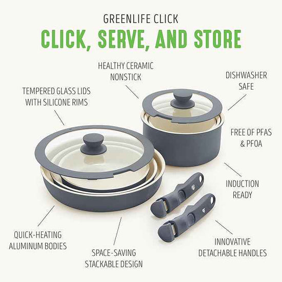 GreenLife 10 Piece Nonstick Pots & Pans Set, Detachable Handle & Stackable Cookware Set, Non Toxic PFAS-Free Skillets, Induction Kitchen Pans, Space Saving, Serving Bowls, Oven Safe, Graphite