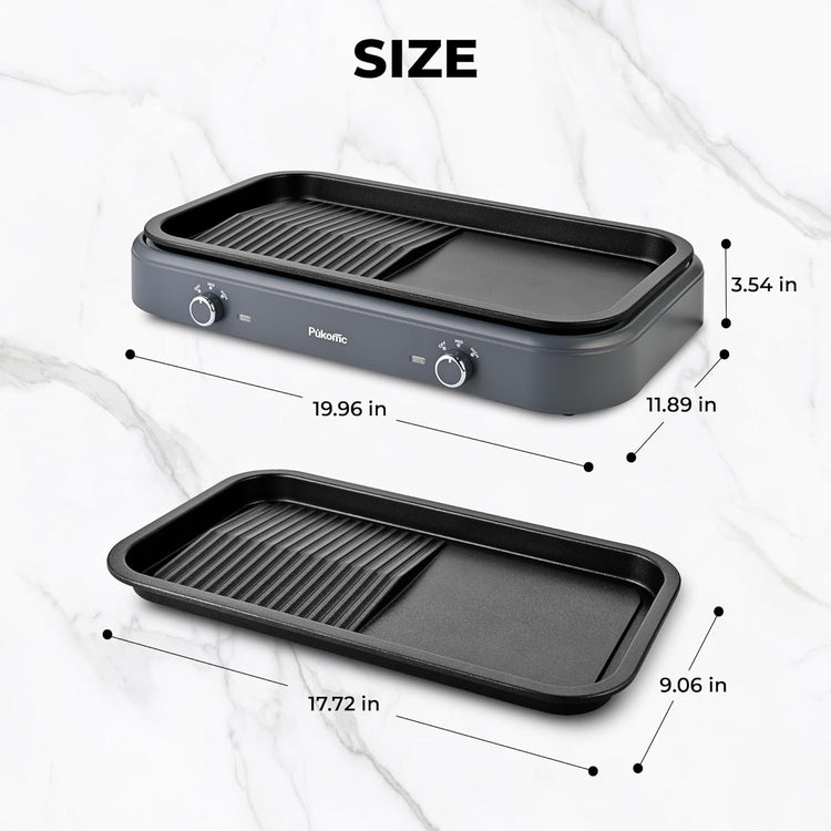 Pukomc Electric Indoor Grill,1500W,Non-Stick Cooking,Adjustable Dual Cooking Zones with,indoor grills electric smokelessSafe for Family, Party, Kitchen Use,gray