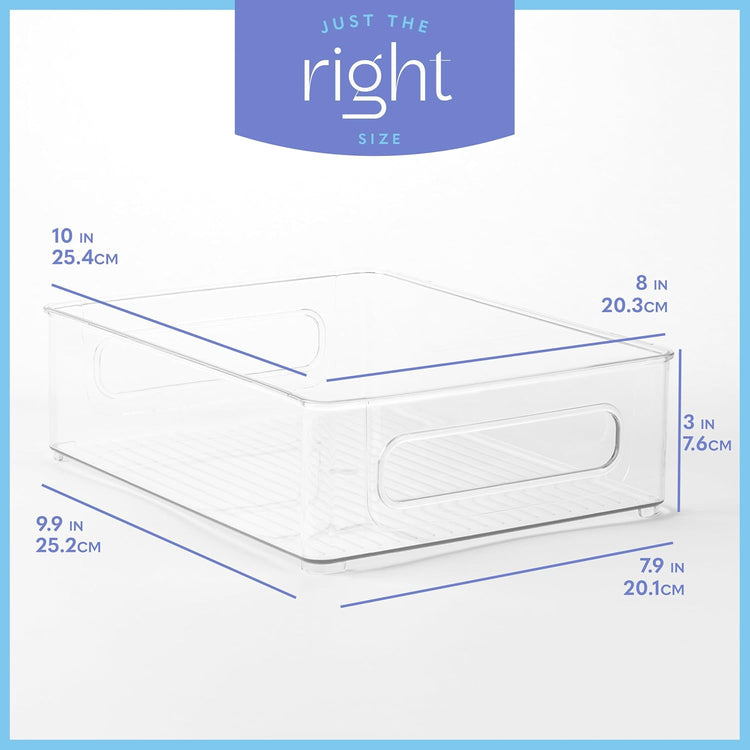 Plastic Food Storage 4 Pack Clear Container Bin with Handles for Organizing Kitchen, Pantry, Refrigerator, Freezer, Pantry, Cabinet, Closet, Bathroom. Stackable 10”x8”x3”